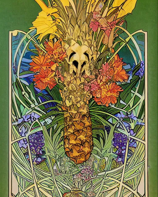 Image similar to Poster of a tiger skull with pineapple leaves growing out of the top art surrounded by varities of flowers, cell shading, by Alphonse Mucha, Moebius, hiroshi yoshida, Art Nouveau, colorful, ultradetailed, vivid colour, 3d