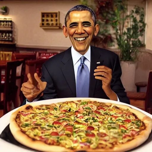 Prompt: “ diorama of barack obama serving pizza at an olive garden, actual photo, kind of like chuck e. cheese ”