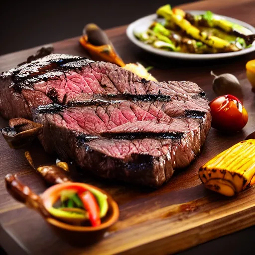 Image similar to yummy beef grill steak, food photograph, food styling, long shot, lens 85 mm, f 11, studio photograph, ultra-detailed, octane render, 8k,