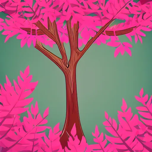 Image similar to cartoon background of a thick tree with pink glowing leaves hanging down