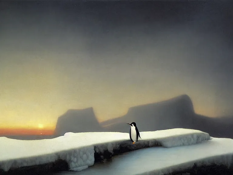 Image similar to an oil painting of a penguin playing in pure white snow on a misty iceberg at dusk. aurora. by tuomas korpi moebius and carl spitzweg. baroque elements. intricate artwork by caravaggio. oil painting. oil on canvas. award winning. dramatic. trending on artstation. 8 k