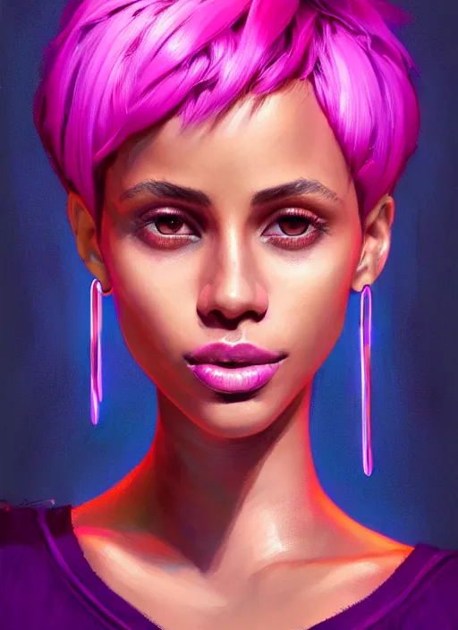 Image similar to portrait of vanessa morgan with bright pink hair, curly pixie cut hair, wearing a purple breton cap, breton cap, hoop earrings, intricate, elegant, glowing lights, highly detailed, digital painting, artstation, concept art, smooth, sharp focus, illustration, art by wlop, mars ravelo and greg rutkowski