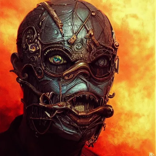 Prompt: Very very very very highly detailed epic photo of face with scarry horror venetian mask, intricate, dystopian, sci-fi, extremely detailed, digital painting, artstation, concept art, smooth, sharp focus, illustration, intimidating lighting, incredible art by Artgerm and Vincent di Fate