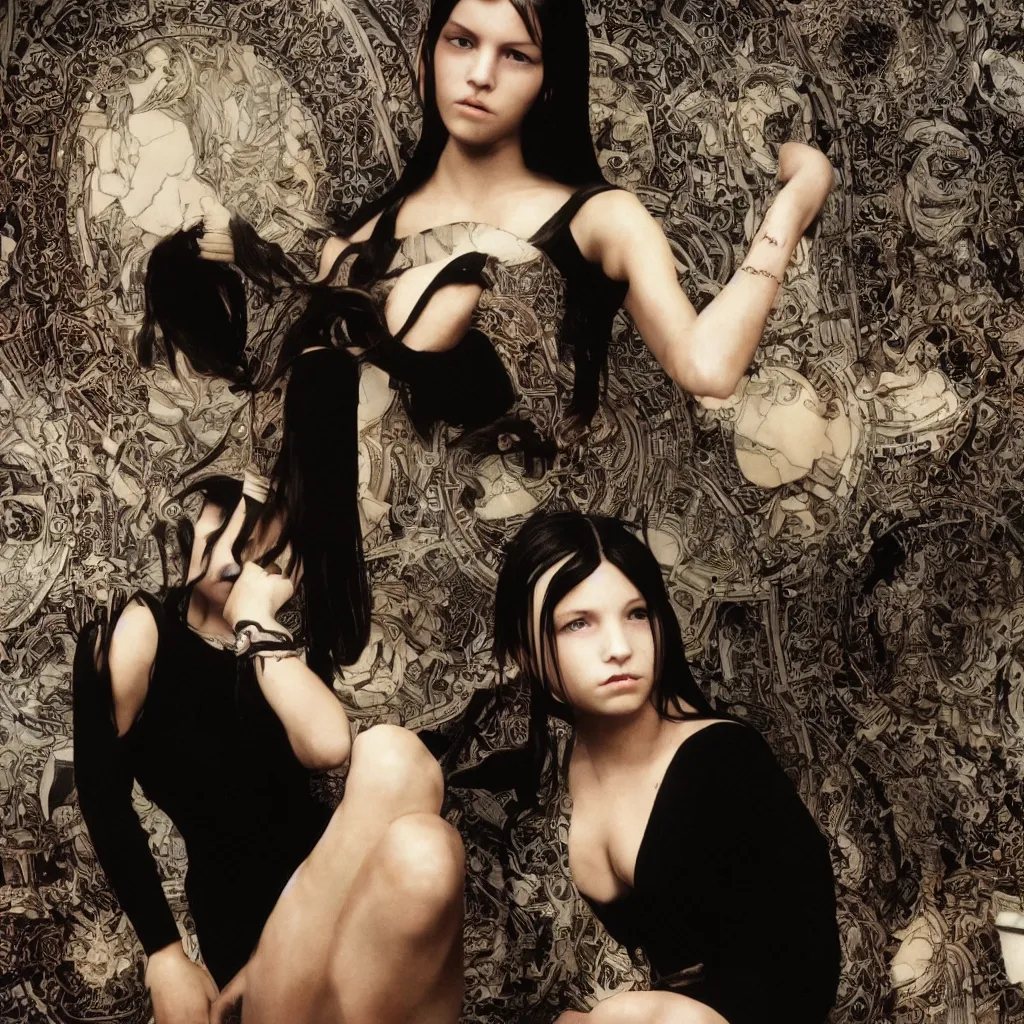 Image similar to photo of lonely young girl with straight long black hair wearing black dress and sitting on bathroom floor, photo made by mario testino and vanessa beecroft, render by artgem and alphonse mucha for capcom co, resident evil