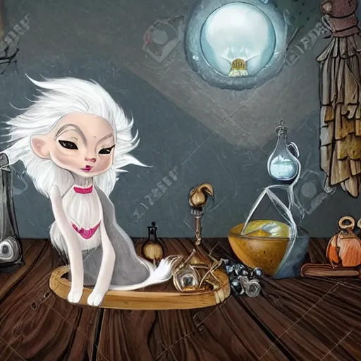 Image similar to a full body beautifull witch with white hair in an old room. A mistic cristal ball on a wood table with a potions and old instruments. A cat on the floor licking his paw. in a fantasy style paiting