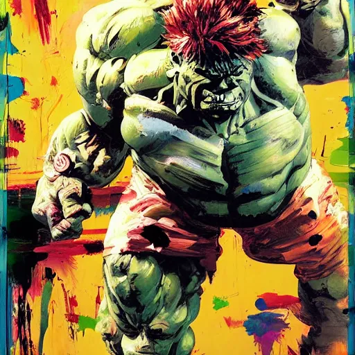 Prompt: baby hulk art by ashley wood, jim mahfood, traditional painting, yoji shinkawa, jamie hewlett, 6 0's french movie poster, french impressionism, vivid colors, palette knife and brush strokes, paint drips, 8 k, hd, high resolution print