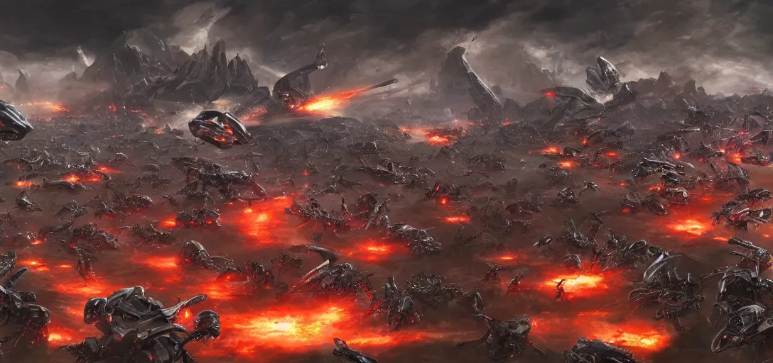 Image similar to epic army of chrome robots battle creatures on alien planet, explosions, smoke, purple and red lazers, landscape, alex ross, neal adams, david finch, war, concept art, matte painting, highly detailed, rule of thirds, dynamic lighting, cinematic, detailed, denoised, centerd