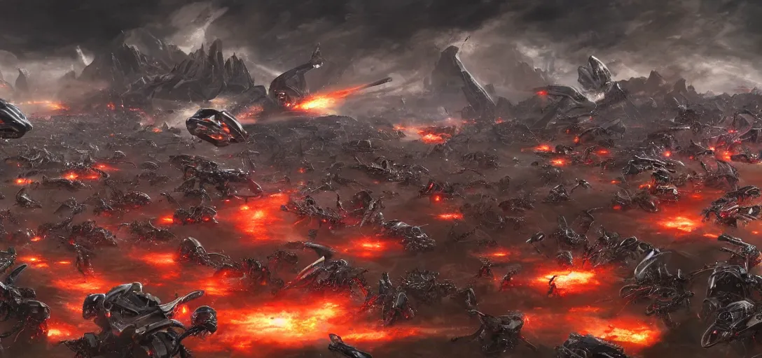 Prompt: epic army of chrome robots battle creatures on alien planet, explosions, smoke, purple and red lazers, landscape, alex ross, neal adams, david finch, war, concept art, matte painting, highly detailed, rule of thirds, dynamic lighting, cinematic, detailed, denoised, centerd