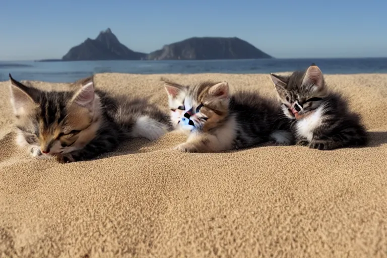 Image similar to kittens at the beach looking directly at mountain of sand