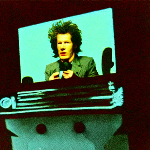 Image similar to chris morris does the news, set design by tadanori yokoo, 3 5 mm film, photograph