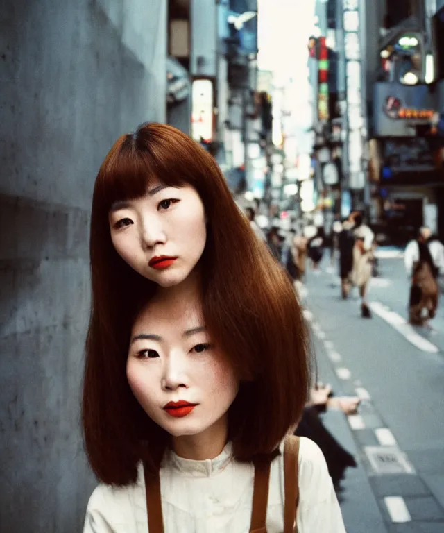 Prompt: a portrait ( ( street ) ) photograph shot on cinestill 5 0 d, a beautiful!! japanese woman in 9 0 s fashion with modest make up, hair dyed to a hazelnut brown, shot in shibuya tokyo on a 3 5 mm at f / 2. 8, high quality, print magazine quality, nostalgia, 8 k