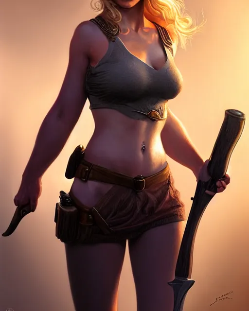 Image similar to full body character art of beautiful female huntress, pretty face, symmetrical features, short blonde hair, by james gurney, volumetric lighting, detailed, oil painting