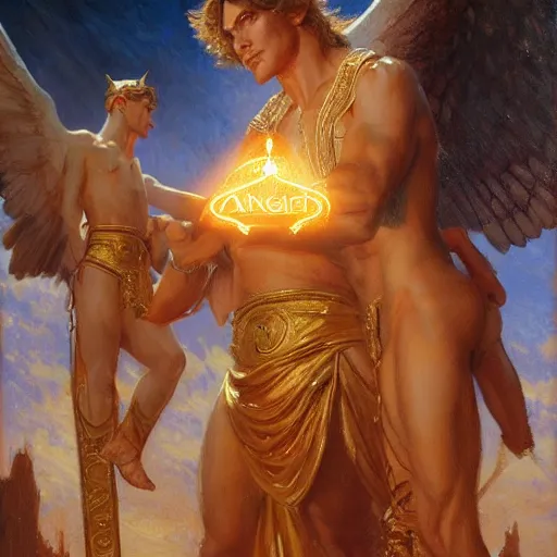 Image similar to attractive male deity casts light spell, summons attractive male lucifer morningstar. highly detailed painting by gaston bussiere, craig mullins, j. c. leyendecker 8 k