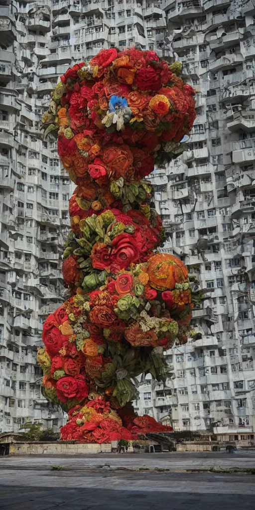 Prompt: giant grotesque flower made from communist dreams in the middle of abandoned post soviet constructivist cityscape, Stalinist architecture, ultradetailed by Hayao Miyazaki and Josan Gonzalez and Makoto Shinkai and Giuseppe Arcimboldo and Wes Anderson