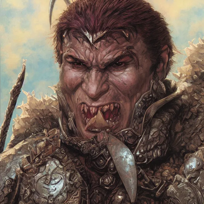 Image similar to a fantasy comic book style portrait painting of a half - orc male warrior, art by donato giancola and bayard wu and gustav moreau and wayne barlowe