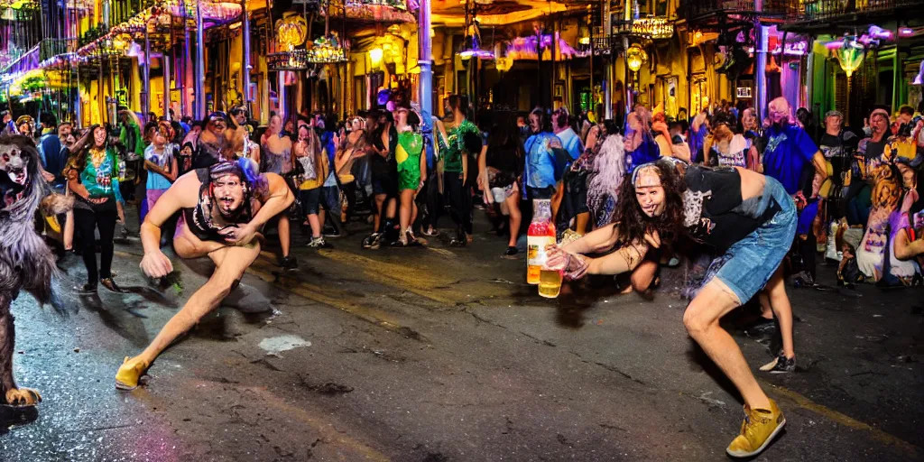 Prompt: a photograph of a werewolf doing shots on Bourbon Street on Mardi Gras, party, low shutter speed