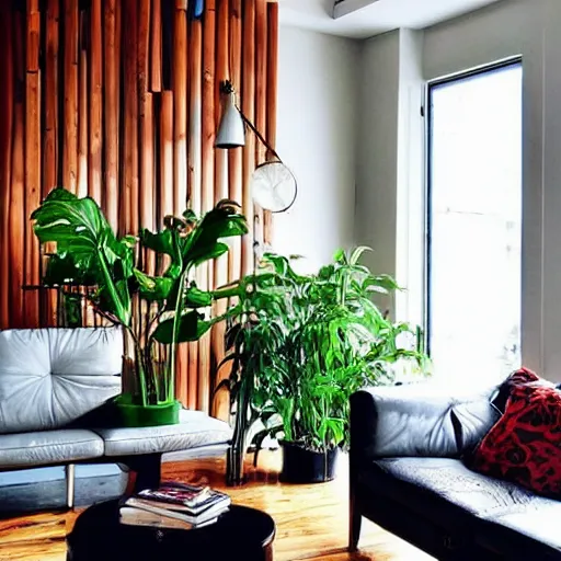 Image similar to living room interior design with style of japandi, ikea, warm wood, urban jungle plants, dark tile floor, art wall, music instruments, music records