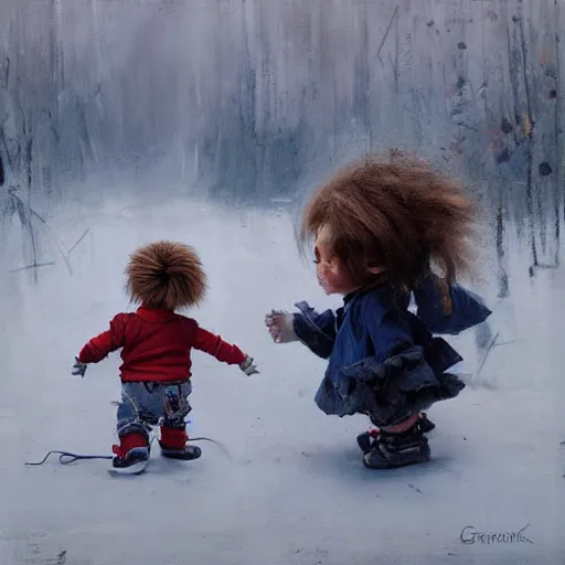 Image similar to the doll chucky fighting the doll annabelle in oslo, oil painting, by greg rutkowski
