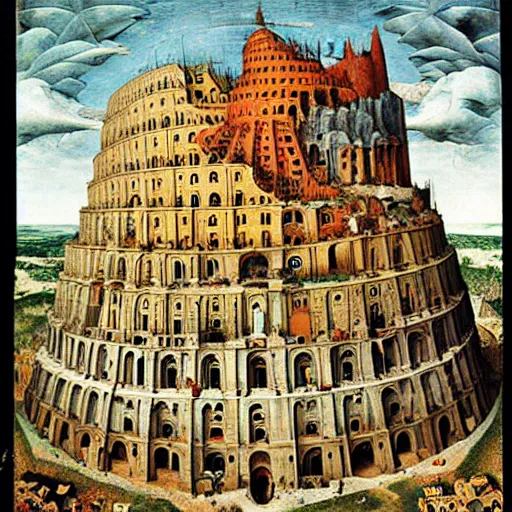 Prompt: The Tower of Babel by Bruegel in impossible geometry, Escher