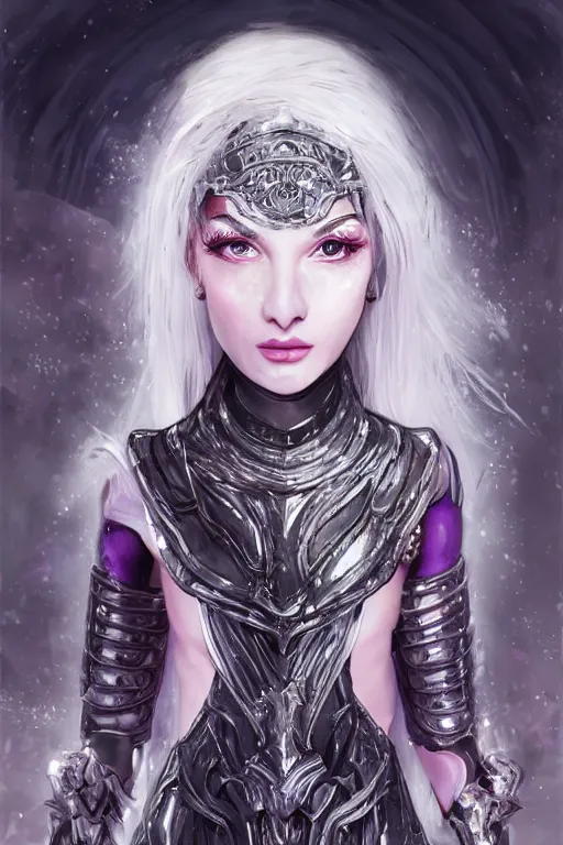 Image similar to portrait evilly white hair knights of Zodiac girl, metalic deep purple and black reflected armor, in ruined Agora of Athens thunder sparkling flash night, ssci-fi and fantasy and intricate and very very beautiful and elegant, highly detailed, digital painting, artstation, concept art, smooth and sharp focus, illustration, art by tian zi and WLOP and alphonse mucha