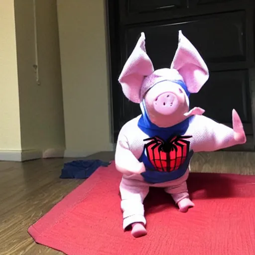 Prompt: pig in a spider - man costume