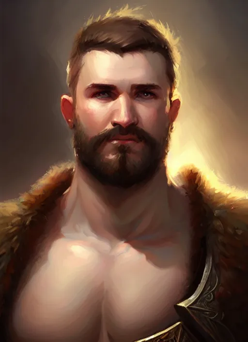 Image similar to a _ fantasy _ style _ portrait _ painting _ of chubby white barbarian male very short hair short stubble, brown hair, rpg dnd oil _ painting _ unreal _ 5 _ daz. _ rpg _ portrait _ extremely _ detailed _ artgerm _ greg _ rutkowski _ greg