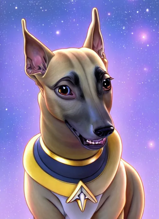 Image similar to cute star trek officer brindle greyhound, natural lighting, path traced, highly detailed, high quality, digital painting, by don bluth and ross tran and studio ghibli and alphonse mucha, artgerm