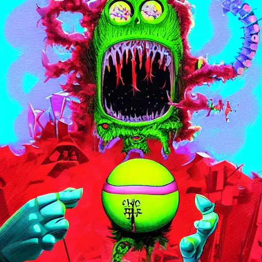 Image similar to a tennis ball monsters, cyberpunk, colorful, digital art, fantasy, magic, trending on artstation, ultra detailed, professional illustration by Basil Gogos