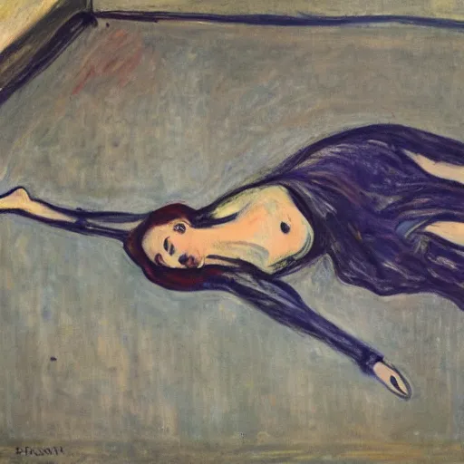 Image similar to subdued aerial view by edvard munch. a street art of a woman reclining on a bed.