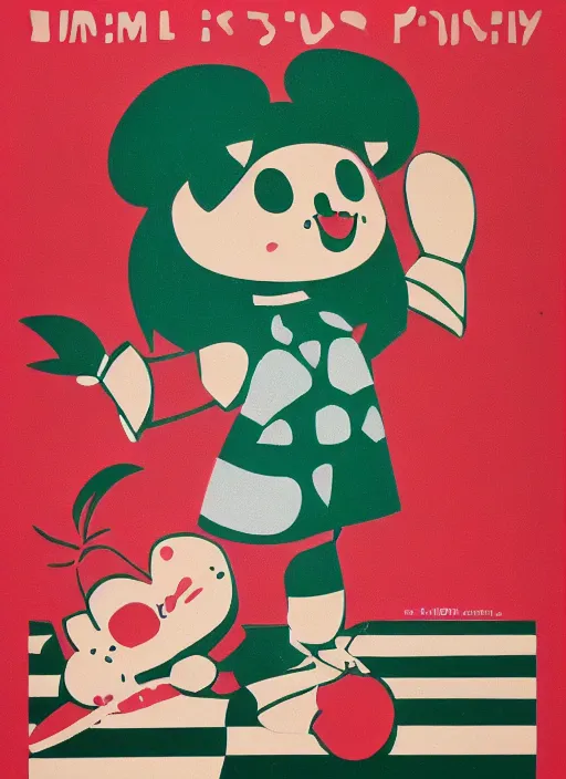 Image similar to Polish posters for Isabelle from Animal Crossing. Screen printed, silkscreen, two-tone paper texture. 1968