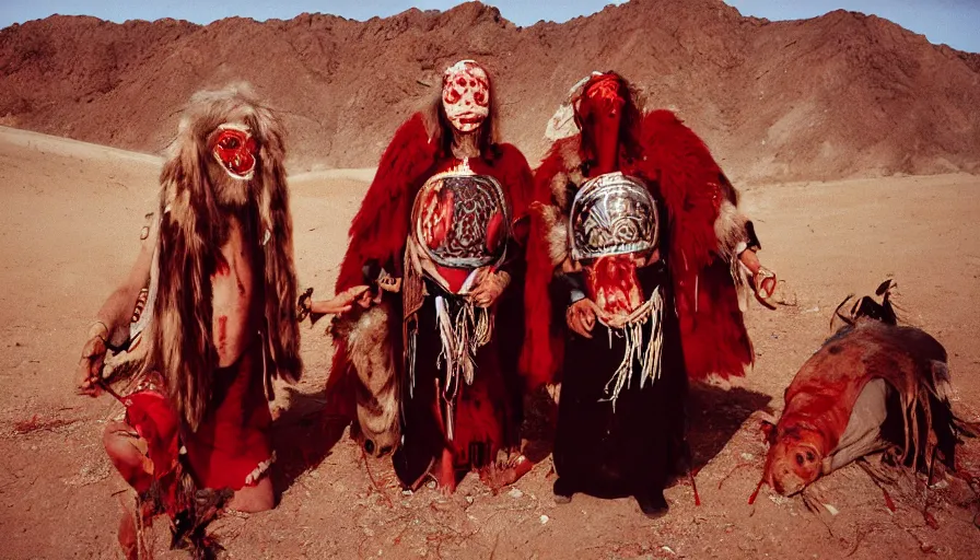 Image similar to high realistic photo portrait of esoteric tribes members with meat flesh bloody mask and elaborate red clothes in the desert, cinestill 800t 35mm, heavy grain, high quality,