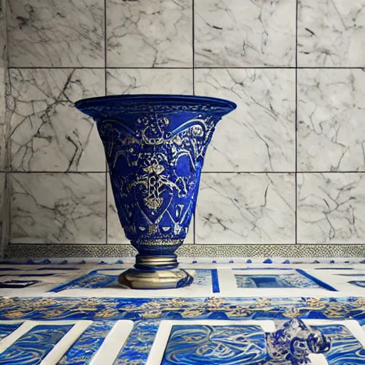 Image similar to an ornate baroque vase breaking on the marble tile floor, exploding into dust, dark - blue light - blue gold silver white black beige, volumetric dust rays, intricate detail, ultra realistic, cinematic lighting, moody, wet, shiny,