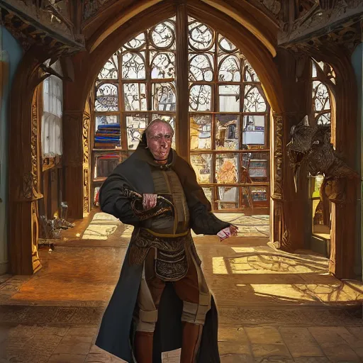 Image similar to full body artwork of Dennis hopper as a devious medieval lord standing on the right inside a big medieval Shop with tall windowpane, shelves full of medieval goods, morning light, trending on artstation, style of peter mohrbacher, unreal engine, octane render, intricate details, 8k high definition, beauriful, ornate, hyperrealistic