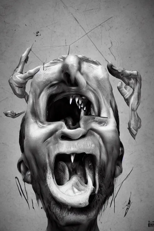 Image similar to his endless screaming makes his own mind eat him up, abstract, surrealism, black and white, artstation, deviantart, pinterest, 8 k