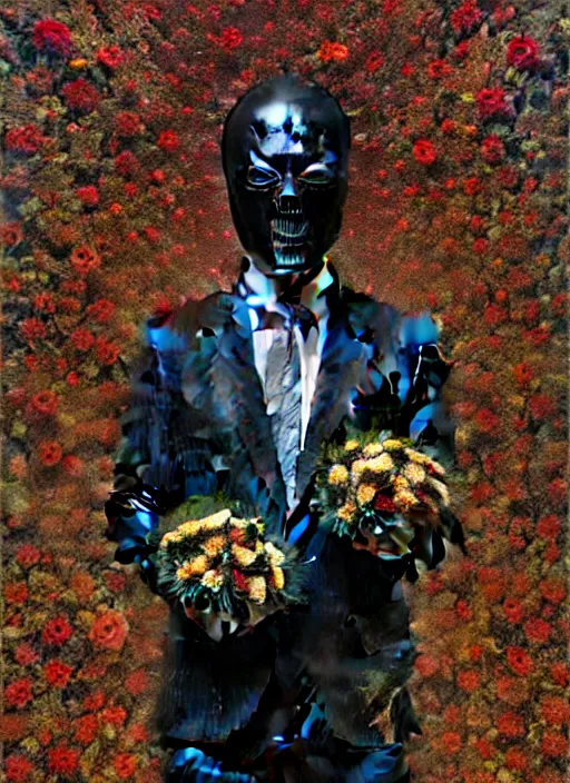 Image similar to an man in a black suit with a head made of flowers, intricate, highly detailed, concept art, hyperrealistic, oil painting by greg staples, 8 k