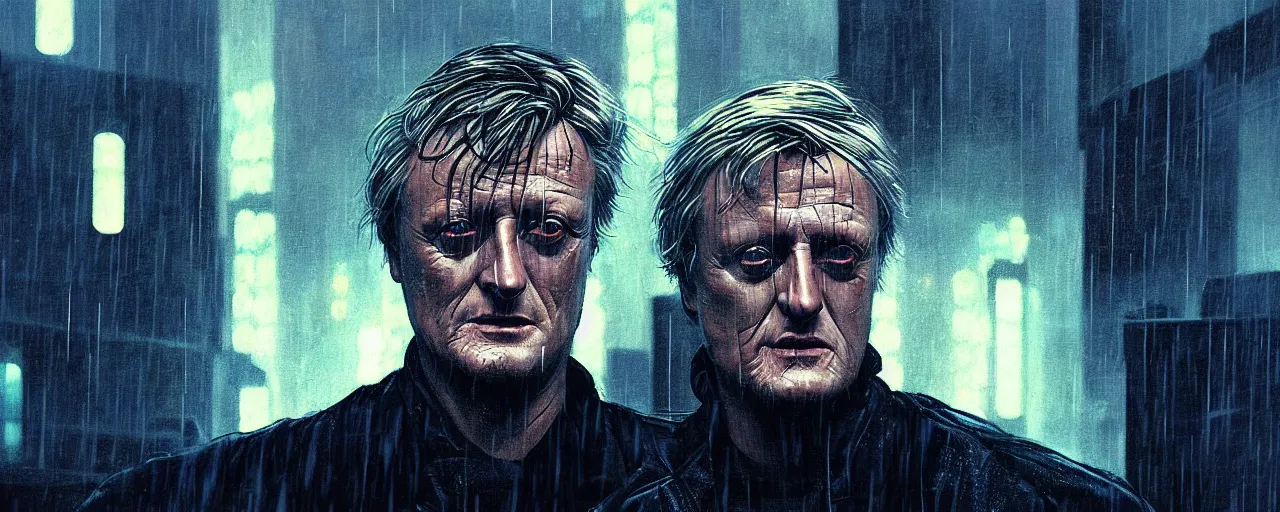 Image similar to duotone tech noir concept illustration 3 / 4 portrait of rutger hauer as roy baty in blade runner on rooftop in rain. cinematic volumentric lighting. accidental renaissance. by sachin teng and sergey kolesov and ruan jia and heng z. graffiti art, scifi, fantasy, hyper detailed. octane render. concept art. trending on artstation