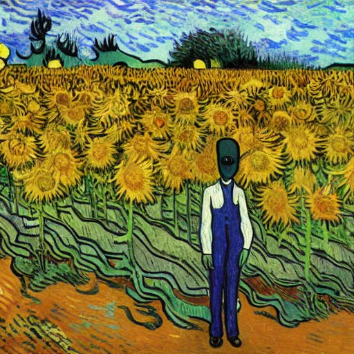 Prompt: slenderman standing in a field with colorful sunflowers by Vincent van Gogh