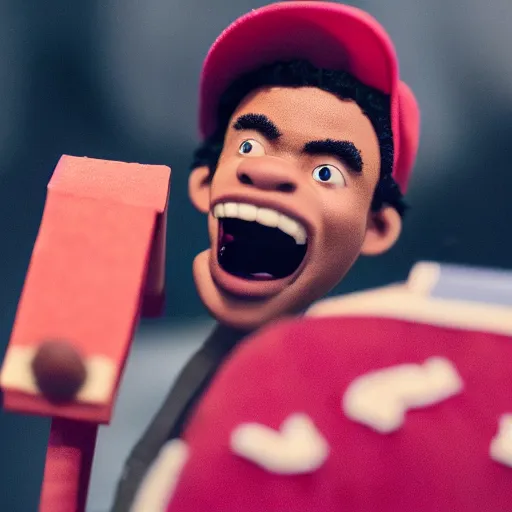 Image similar to a cinematic film still of a claymation stop motion film starring chance the rapper as a college student, shallow depth of field, 8 0 mm, f 1. 8