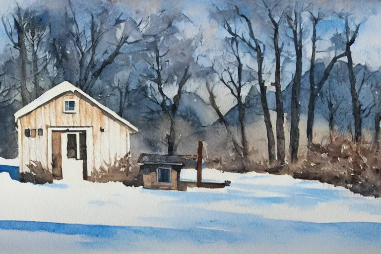 Prompt: watercolor painting of cabin by rocky hill, reflective, stone walls, winter, sunlight, morning, ambient lighting, art by hand dahl