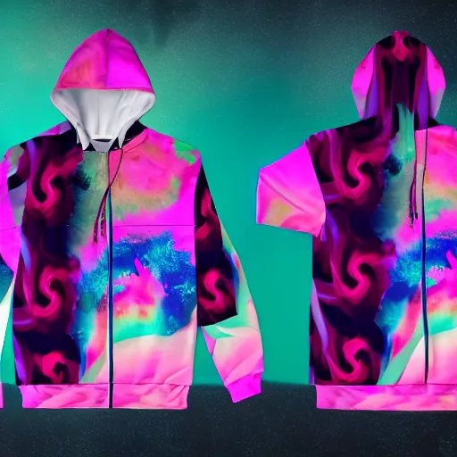 Image similar to product mockup photography of an all over print hoodie in Vaporwave style, 4K high resolution studio photo