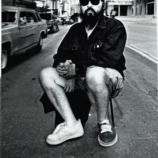 Image similar to fidel castro wearing denim shorts, full body portrait, 3 5 mm film, by nan goldin