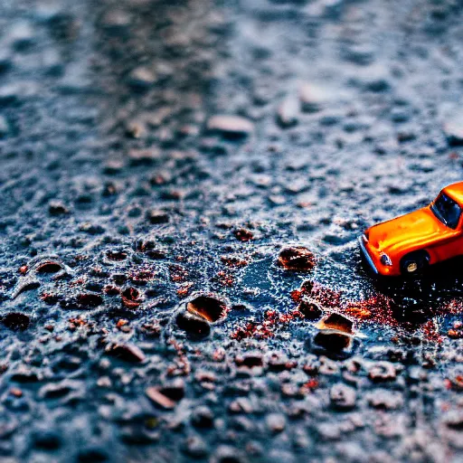 Image similar to macro photography of a hot wheels car driving through a puddle, 3 5 mm