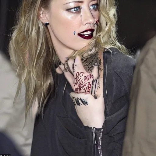 Image similar to a weathered Amber Heard in prison outfit in jail with prison tattoos all over her arms