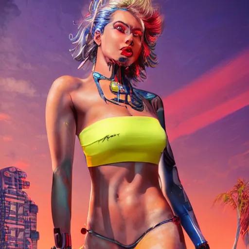 Image similar to a portrait of beautiful, mischievous, young woman in neon bikini by sandra chevrier, detailed render, epic composition, cybernetics, 4 k realistic, cryengine, realistic shaded lighting, sharp focus, masterpiece, by matteo scalera, gary montalbano, peter elson in the style of the tokyo ghost comic