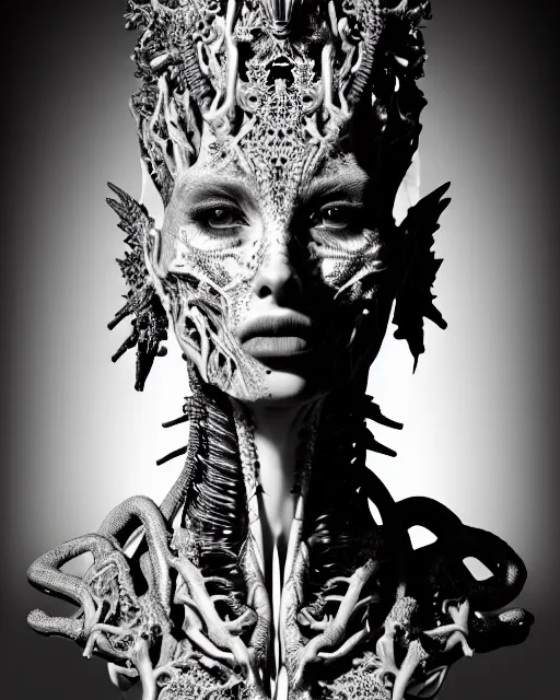 Image similar to a black and white high quality photo of a young beautiful female queen-dragon-cyborg bust with a very long neck and Mandelbrot fractal face, Mandelbrot fractal skin, flesh, anatomical, facial muscles, veins, arteries, elegant, highly detailed, flesh highly baroque ornate, hair are cable wires, elegant, high fashion, rim light, octane render, in the style of H.R. Giger and Man Ray, Realistic, Refined, Digital Art, Highly Detailed, Cinematic Lighting, Dramatic light, rim light, black and white, photo-realistic, 8K