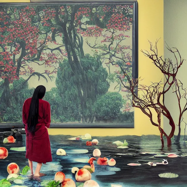 Image similar to tall emo artist in her flooded apartment, painting of flood waters inside an artist's home, a river flooding indoors, pomegranates, pigs, ikebana, zen, water, octopus, river, rapids, waterfall, black swans, canoe, berries, acrylic on canvas, surrealist, by magritte and monet