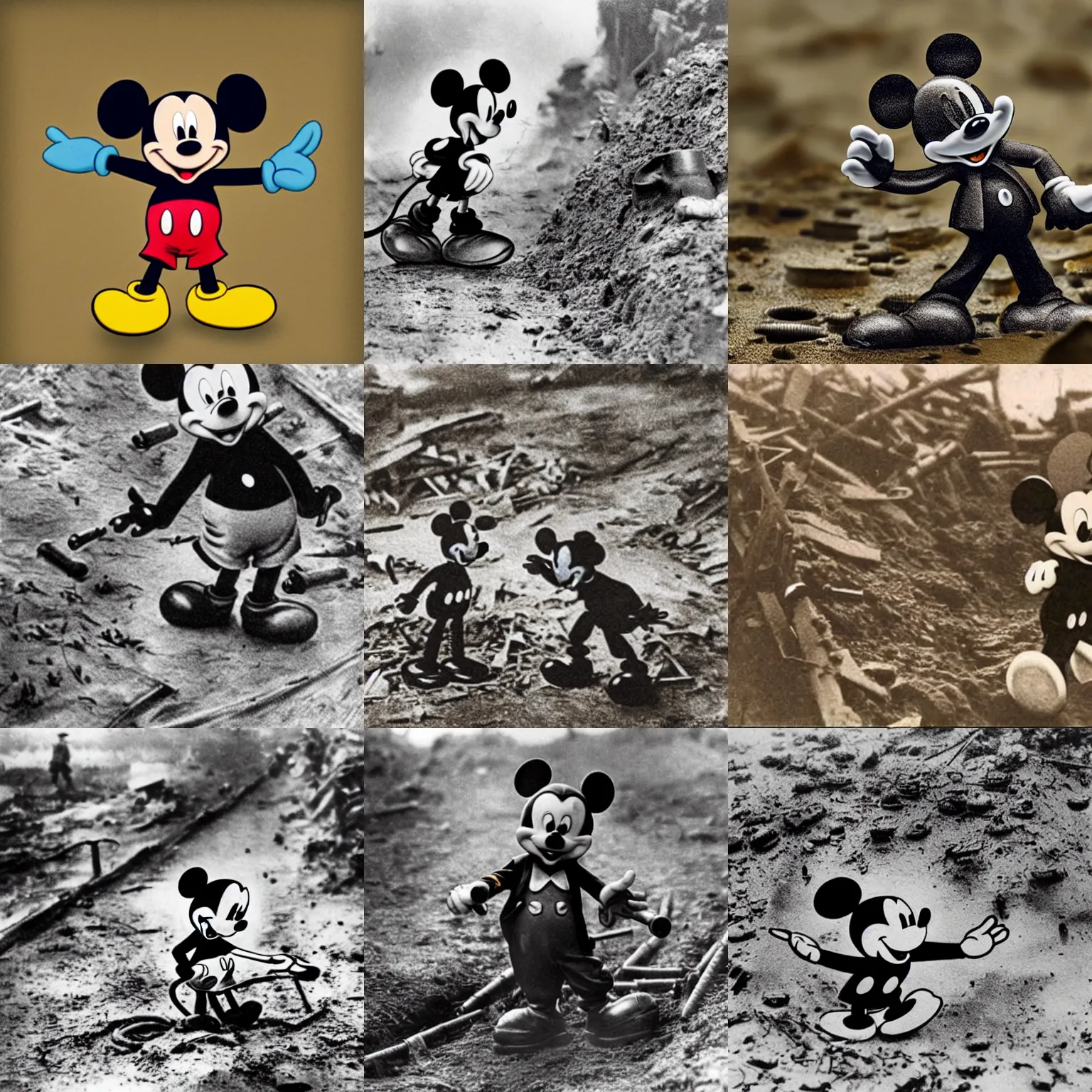 Prompt: mickey mouse fighting in world war 1 trenches, wartorn landscape, muddy ground, bullets whizzing by