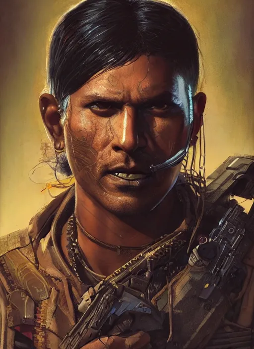 Image similar to cyberpunk military indian man ( blade runner 2 0 4 9, dystopian, cyberpunk 2 0 7 7 character design ), advanced warfare, attractive face. portrait by james gurney and laurie greasley and yoji shinkawa, oil on canvas. cinematic composition, hyper realism, realistic proportions, anatomy, dramatic lighting, photorealistic, high detail, 4 k