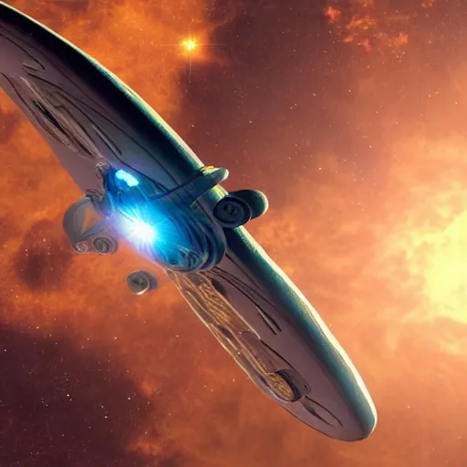 Prompt: a starship flying through space, star trek, 8 k, highly detailed, science fiction scene, artstation