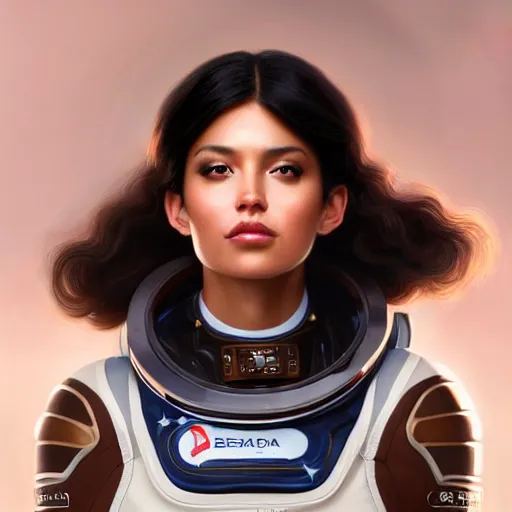 Image similar to a portrait of a very BIPOC beautiful woman in a spacesuit, brown eyes, shoulder-length black hair, Alexandria's genesis, bored, illustration, soft lighting, soft details, painting oil on canvas by mark arian by artgerm, trending on artstation, 4k, 8k, HD